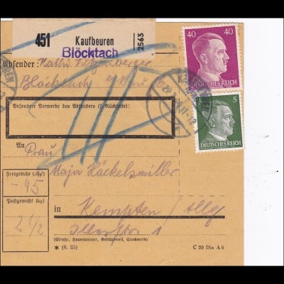III. Reich: Paketkarte von Kaufbeuren /Blöcktach nach Kempten 1944