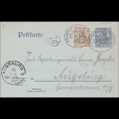Ganzsache: Germania, Bahnpost Frankfurt-Freiburg nach Augsburg 1903