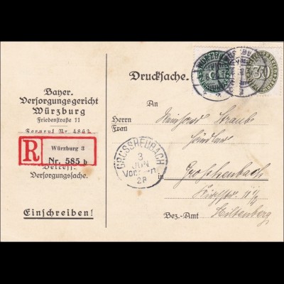 Versorgungsgericht Würzburg nach Grossheubach als Einschreiben 1928