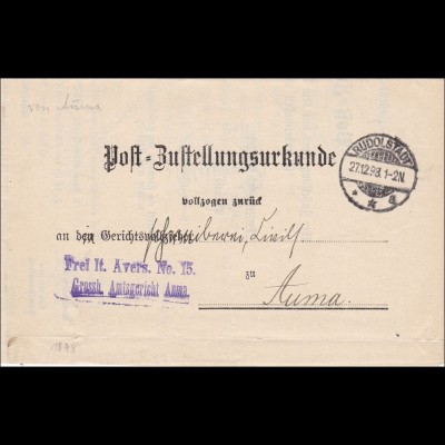 Postzustellurkunde 1893 von Rudolstadt nach Auma