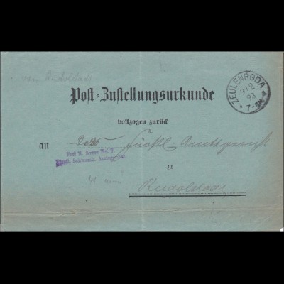 Postzustellurkunde Zeulenroda nach Rudolstadt 1893