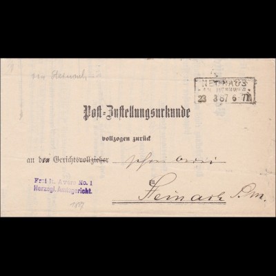 Post Zustellurkunde Neuhaus 1887 nach Steinach