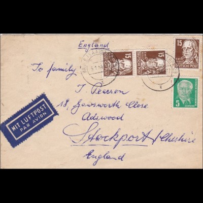DDR: 1954: Luftpost von Halle nach England: Köpfe II, BPP Signatur