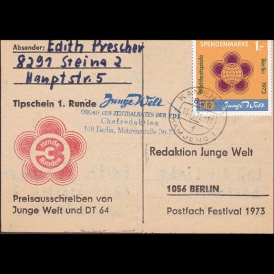 DDR: 1972: Tipschein aus Steina nach Berlin - Redaktion Junge Welt, FDJ