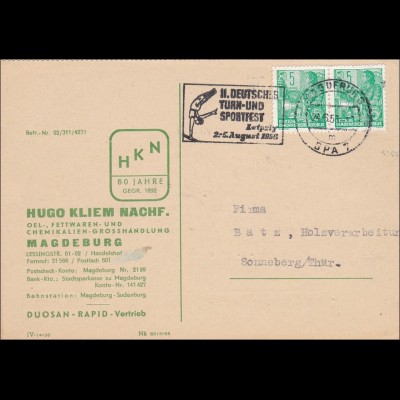 1956: Postkarte Farbenbestellung Magdeburg nach Sonneberg-Werbestempel Turnfest