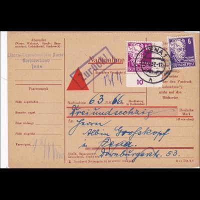DDR: 1952: Nachnahme Paketkarte von Jena - zurück Köpfe II, Eckrand