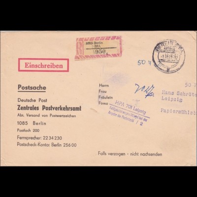 1977:Postsache Einschreiben Berlin nach Leipzig-Fehlgeleitet Mängel bei der PLZ