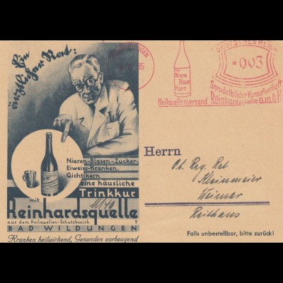Freistempel 1935: Heilquellenversand Bad Wildungen, Sprudelbäder, Reinhardquelle