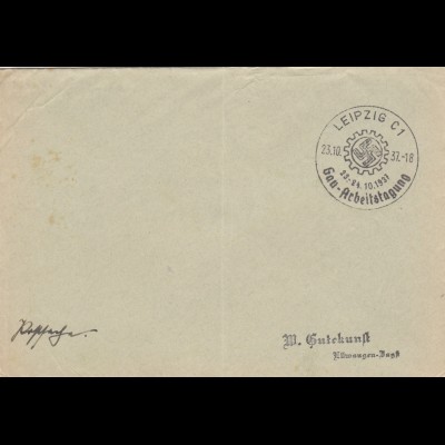 Postsache Kuvert 1937: Leipzig Gau-Arbeitstagung