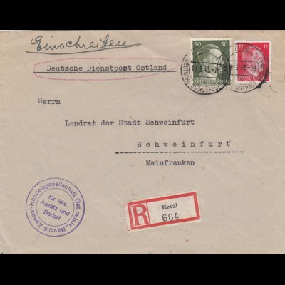 Einschreiben Reval, Handeslgesellschaft 1943 nach Schweinfurt