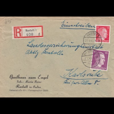 Einschreiben Rastatt 1943, Gasthaus zum Engel nach Karlsruhe