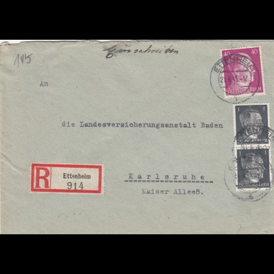 Einschreiben Altdorf bei Ettenheim 1943 nach Karlsruhe