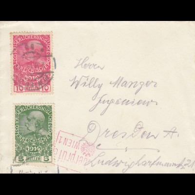 1915 Brief nach Dresden, überprüft in Wien