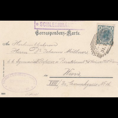 Ansichtskarte Schlernhäuser, Bozen, nach Wien 1906, Alpenverein