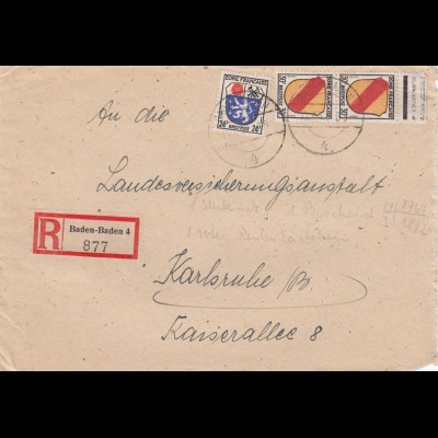 1947: Einschreiben Baden-Baden nach Karlsruhe