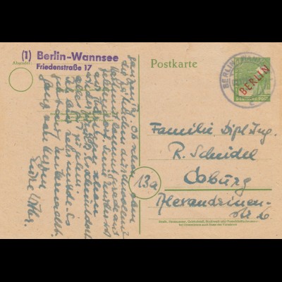 1949: Ganzsache Berlin- Wannsee nach Coburg, P3