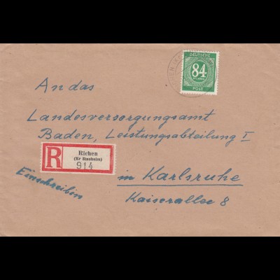 Einschreiben Richen/Sinnsheim 1947 nach Karlsruhe