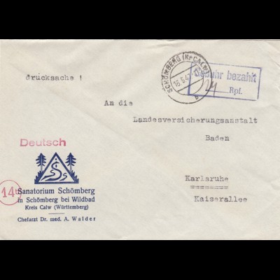 Einschreiben Schömberg bei Wildbad/Calw, 1947, Gebühr bezahlt, nach Karlsruhe