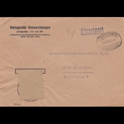Brief 1947 Amtsgericht Donaueschingen, Gebühr bezahlt, nach Karlsruhe