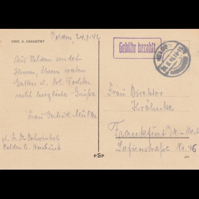 Postkarte Velden 1946, Gebühr bezahlt nach Frankfurt / M