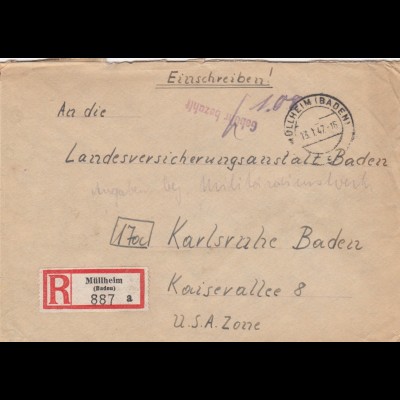Einschreiben 1947 Müllheim/Baden nach Karlsruhe, Gebühr bezahlt
