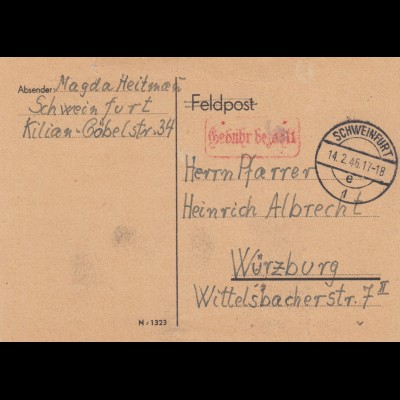 Brief von Schweinfurt 1946, Gebühr bezahlt nach Würzburg