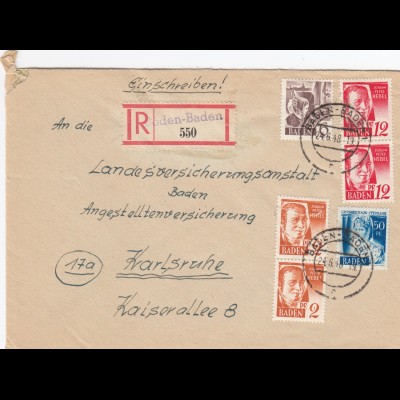 Einschreiben Baden-Baden 1948 nach Karlsruhe