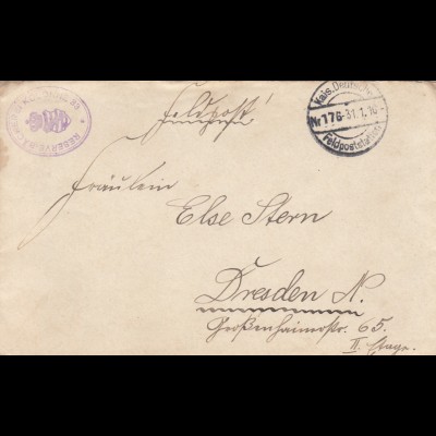 FP 1916, Reserve Bäckerei Kolonne Delica/Serbia nach Dresden mit Briefinhalt