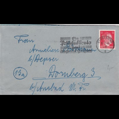 Parow über Stralsund 1944 nach Dornsberg /Ansbach mit Briefinhalt
