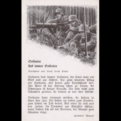 Ansichtskarte: Soldaten mit Marschlied, beschrieben