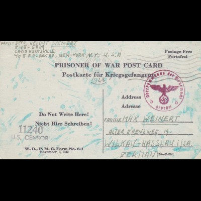 1944: PoW - Post card New York to Wilkau-Hasslau, US-censor, OKW censor