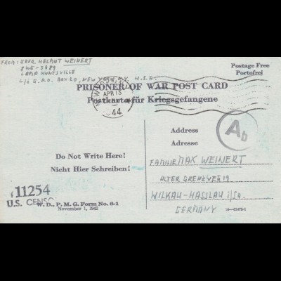 PoW - Post card New York to Wilkau-Hasslau, US-censor 1944, OKW censor