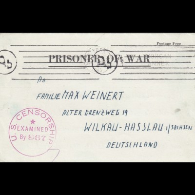 1943 PoW - letter New York camp Huntsville to Wilkau-Hasslau, censor US