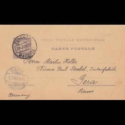 Madeira 1897: post card Funchal to Gera