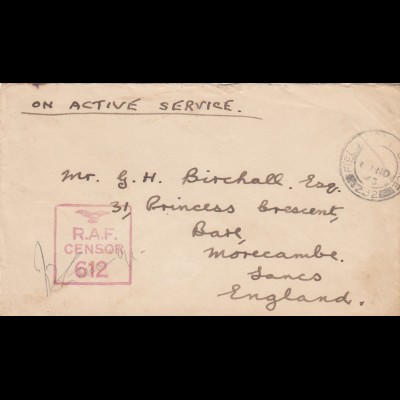 1943: Field post office 532 to Morecame, RAF censor