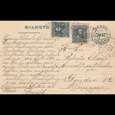 Brazil: post card Limeira 1909: Exposicao Nacional to Dresden