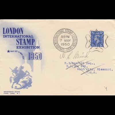 1950: London international Stamp exhibition to Webb City, Missouri/USA