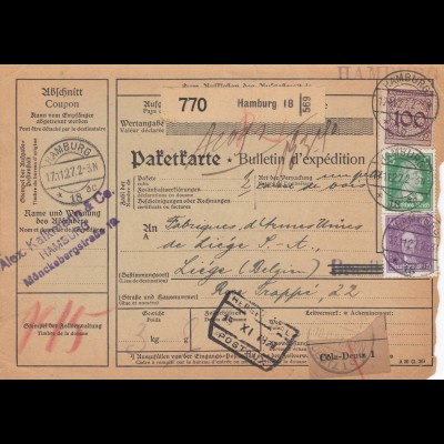 Auslandspaketkarte 1927 von Hamburg nach Liége/Belgien