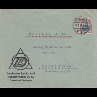 Brief 1922 aus Düsseldorf, Farbenfabrik nach Berlin