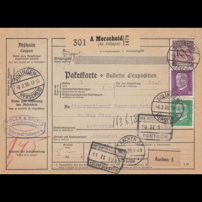 Paketkarte 1930 von Solingen/Merscheid nach Antwerpen über Aachen