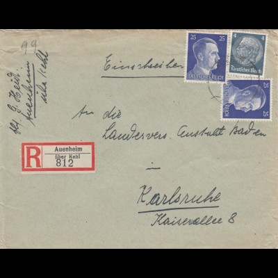 Einschreiben Auenheim über Kehl nach Karlsruhe 1943
