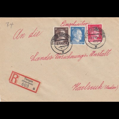 Einschreiben Tiengen/Oberrhein nach Karlsruhe 1943