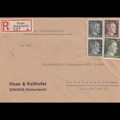 Einschreiben Singen Hohentwiel nach Karlsruhe 1943