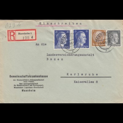 Einschreiben Mannheim 1943 nach Karlsruhe