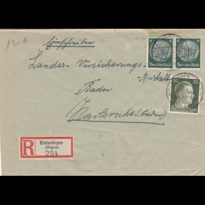 1943 Einschreiben Rielasingen, Hegau nach Karlsruhe