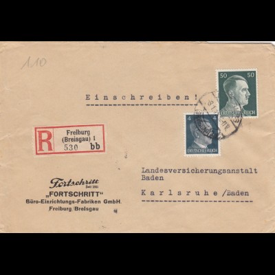 Einschreiben Freiburg, Büro Einrichtungen nach Karlsruhe 1943