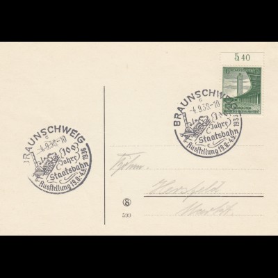 Blanko Sonderstempelbeleg 1938: Braunschweig: Ausstellung 100 Jahre Staatsbahn