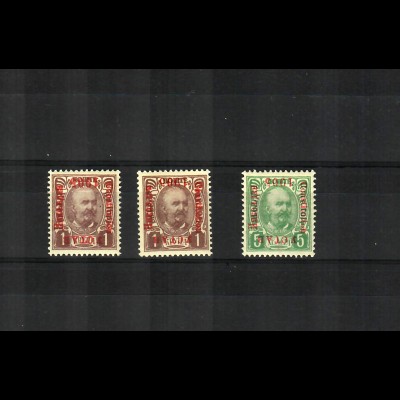 1905: 5 H grün und 2x 1 Krone lilabraun, je Type I, ungebraucht