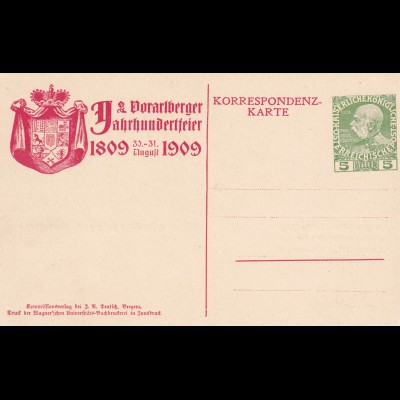 1909: Ganzsache als Ansichtskarte Vorarlberger Jahrhundertfeier