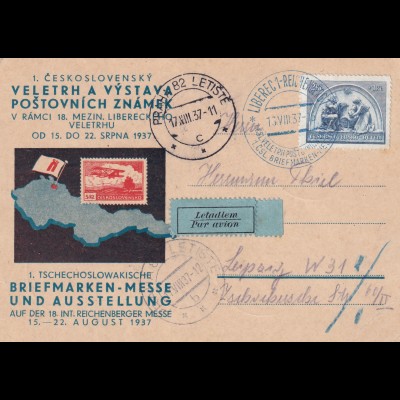 Postkarte 1937, Prag als Luftpost nach Leipzig, Briefmarken Messe